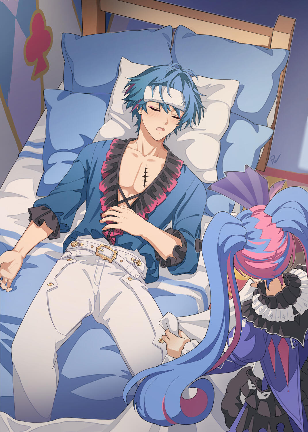 Stylized fanart of two characters from Wuthering Waves: Brant lies unconscious in a bed with a cloth on his forehead and his shirt partly open, showing his Tacet Mark on his chest. Roccia sits beside him, holding a cloth as she tends to him with concern.