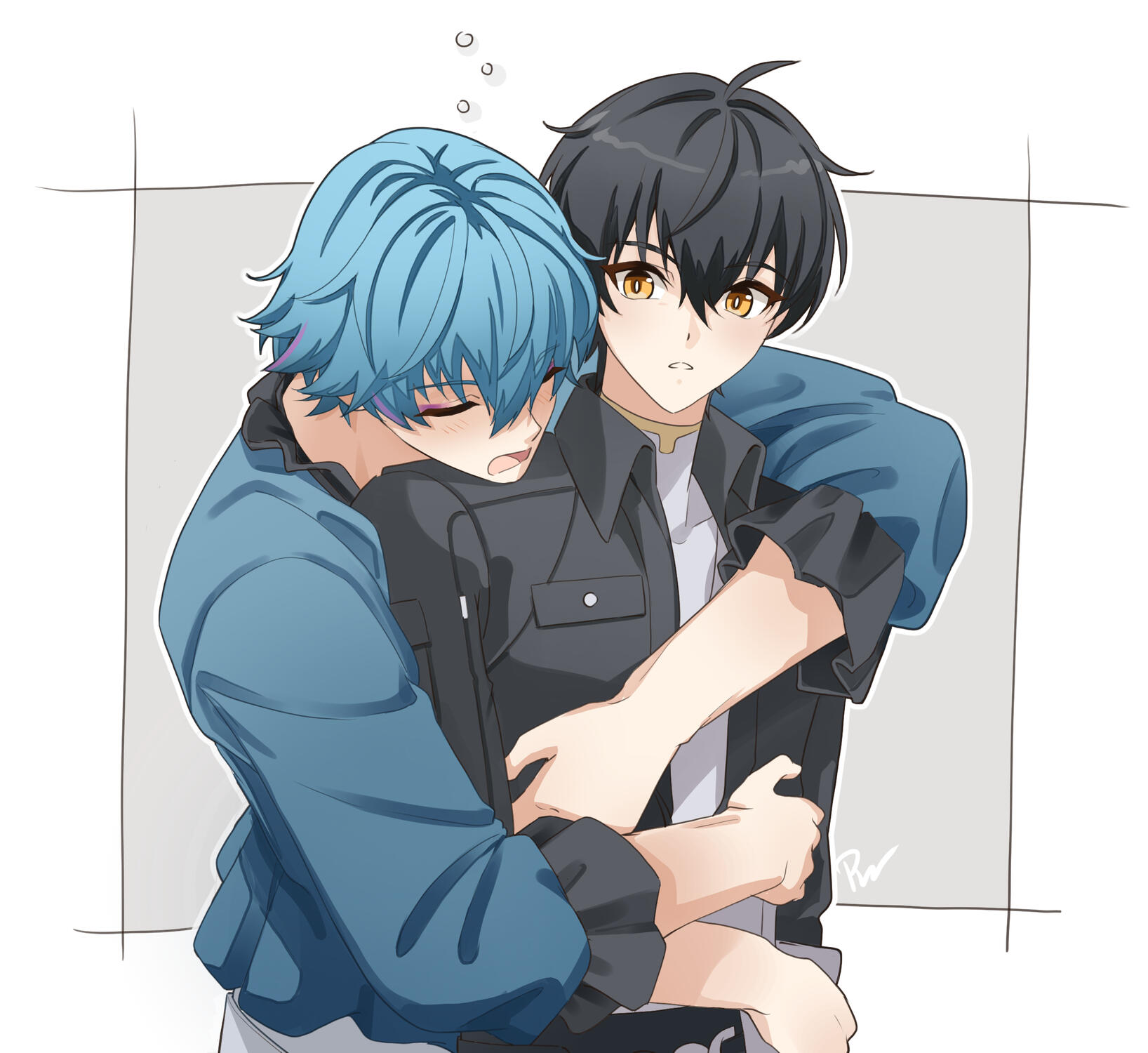 Brant, looking flushed and clearly drunk, with messy blue hair and closed eyes, clings tightly to Rover. Rover stands stiffly with a surprised expression, his golden eyes wide as Brant leans heavily against him.