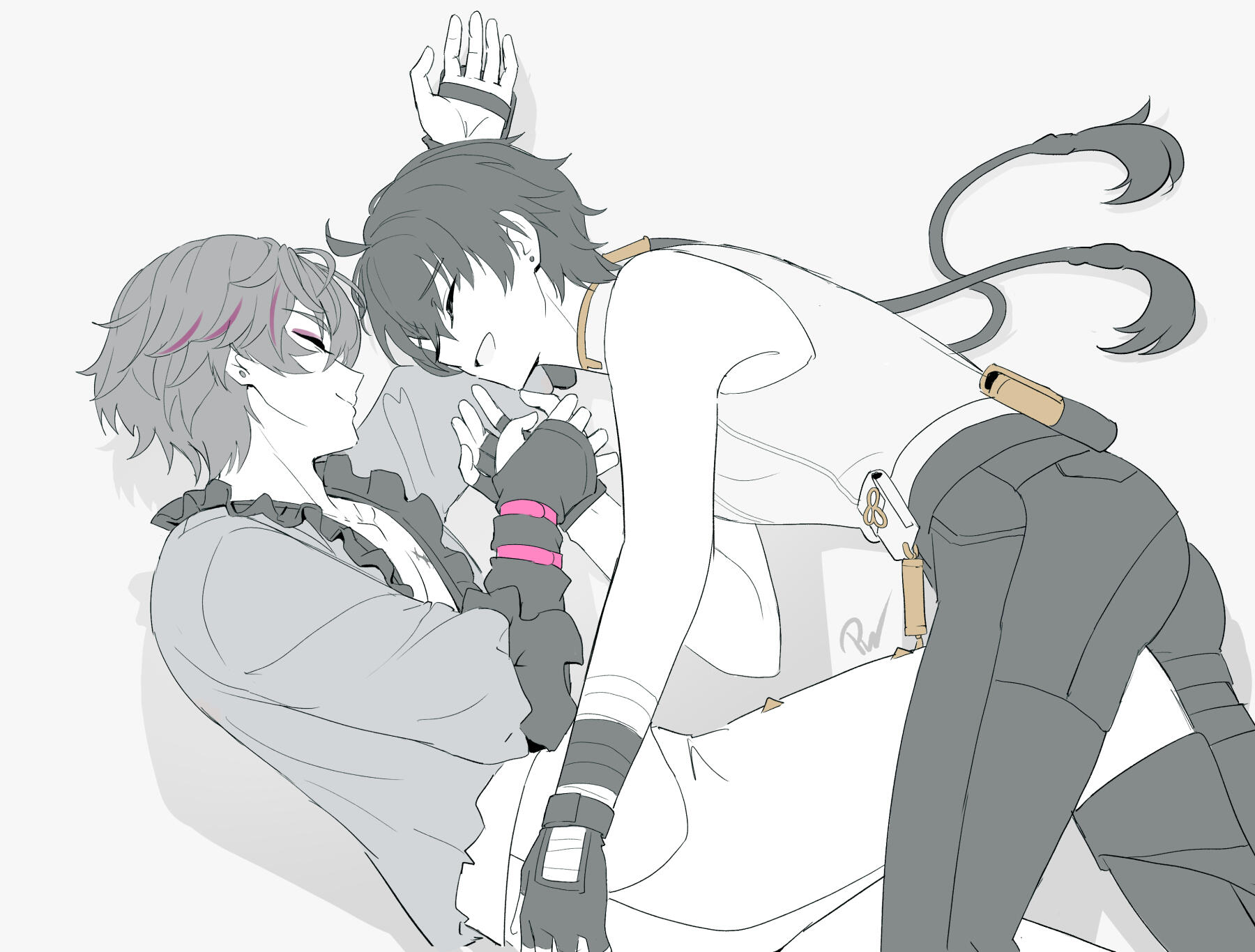 Brant and male Rover in a close pose. One lies back, smiling softly, while the other leans over them with their hands pinned above. The palette is mostly grayscale. The scene feels playful and romantic.